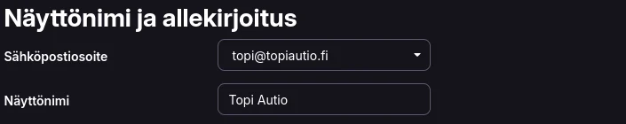 Proton Mailin lähettäjäasetukset, joissa oletusosoite on topi@topiautio.fi