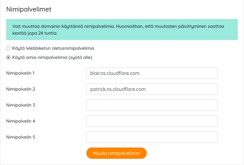 Webbiketun nimipalvelinasetukset, joissa on käytössä Cloudflaren nimipalvelimet
